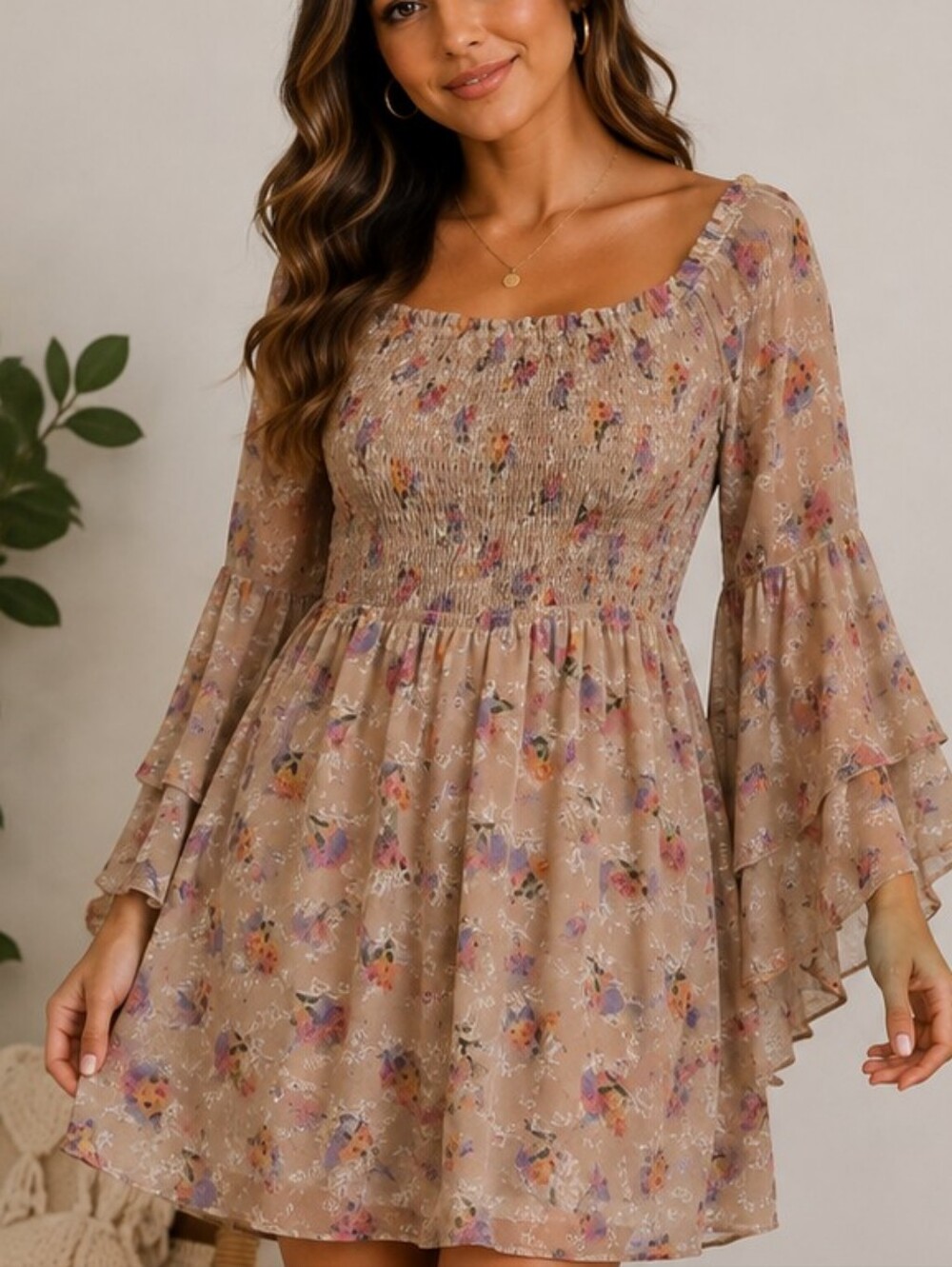 Jodifl Womens Floral Print Boho Dress With Shirred Bodice & Bell Sleeves  Size M